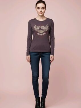 Harley-Davidson Women's Long Sleeve Graphic Tee - Plum Brown with Cream Logo